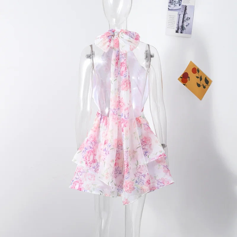 Sexy Flower Print Mini Dresses Women Elegant Ruffles Flared Sleeve Layered V-neck Vestido Female Evening Club Party Outfits 2026 - Sun Studio