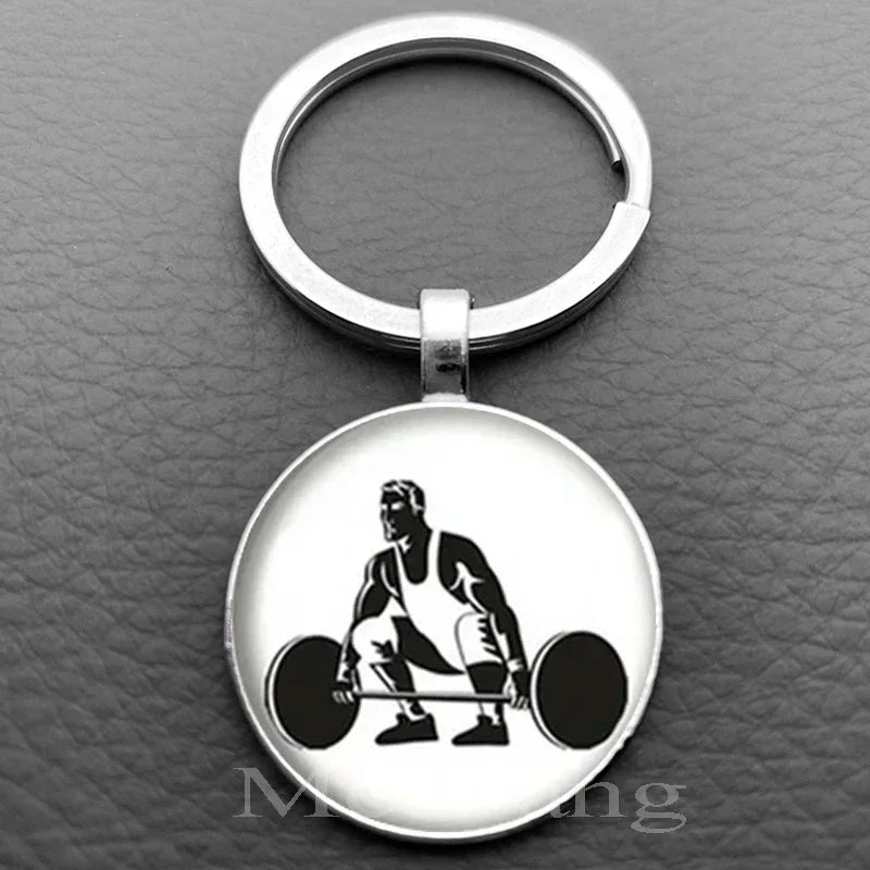 Weightlifting Fitness Pattern Keychain Loves Fitness Men and Women Exclusive Glass Round Keychain Gift for Fitness Club - Sun Studio