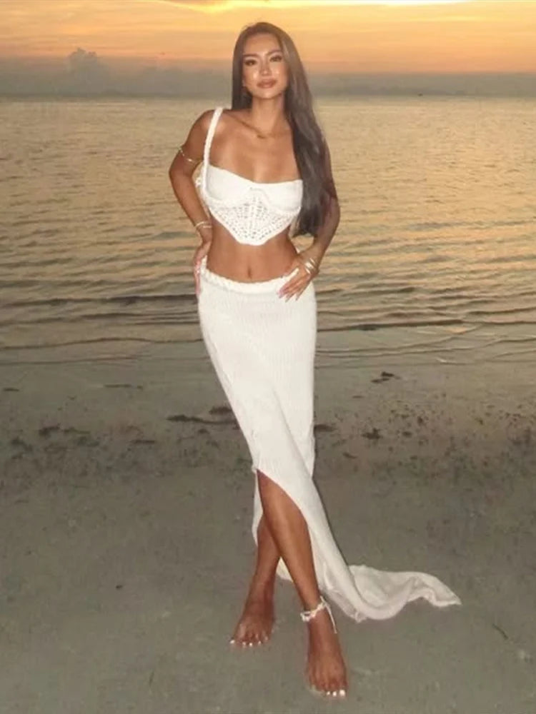 Halter Knitted Vest Bikini Top Split Fishtail Skirt Set Crochet Hollow Out Beach Swimsuit Sexy Backless Suspender Long Skirts - Sun Studio