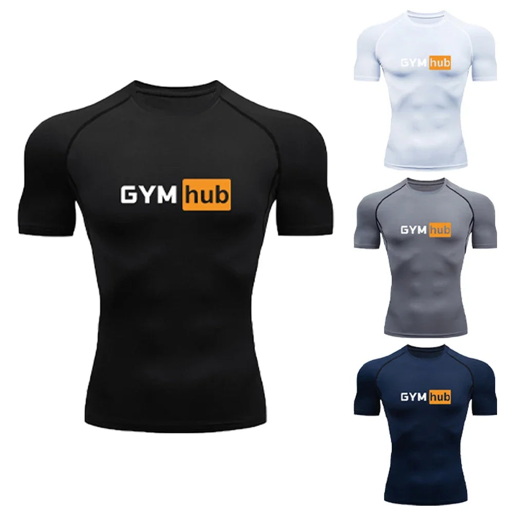 Gym Hub Printed Men's Compression T-Shirt Gym Workout Sport Quick Dry Tight Shirts Outdoor Training Fitness Elasticity Tops Tee - Sun Studio