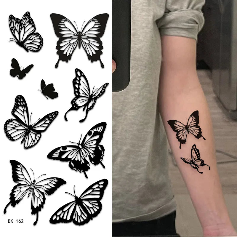 Black White Temporary Transfer Tattoos Floral Butterfly Lettering Line Art Waterproof Body Stickers for Music Festival Party