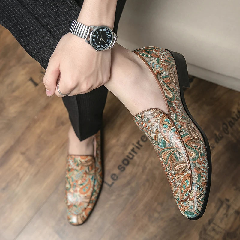 New British Style Fashion Trends Printed Leather Loafers Men Breathable Casual Shoes Men Slip-on Dating Driving Party Men Shoes - Sun Studio