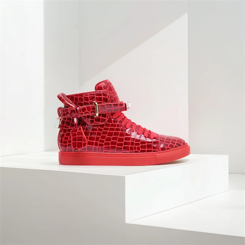 High-Top Sneakers Men Embossed Metal Lock Lace Red Metal Cow Leather Fashion Platform Casual Shoes High Quality - Sun Studio