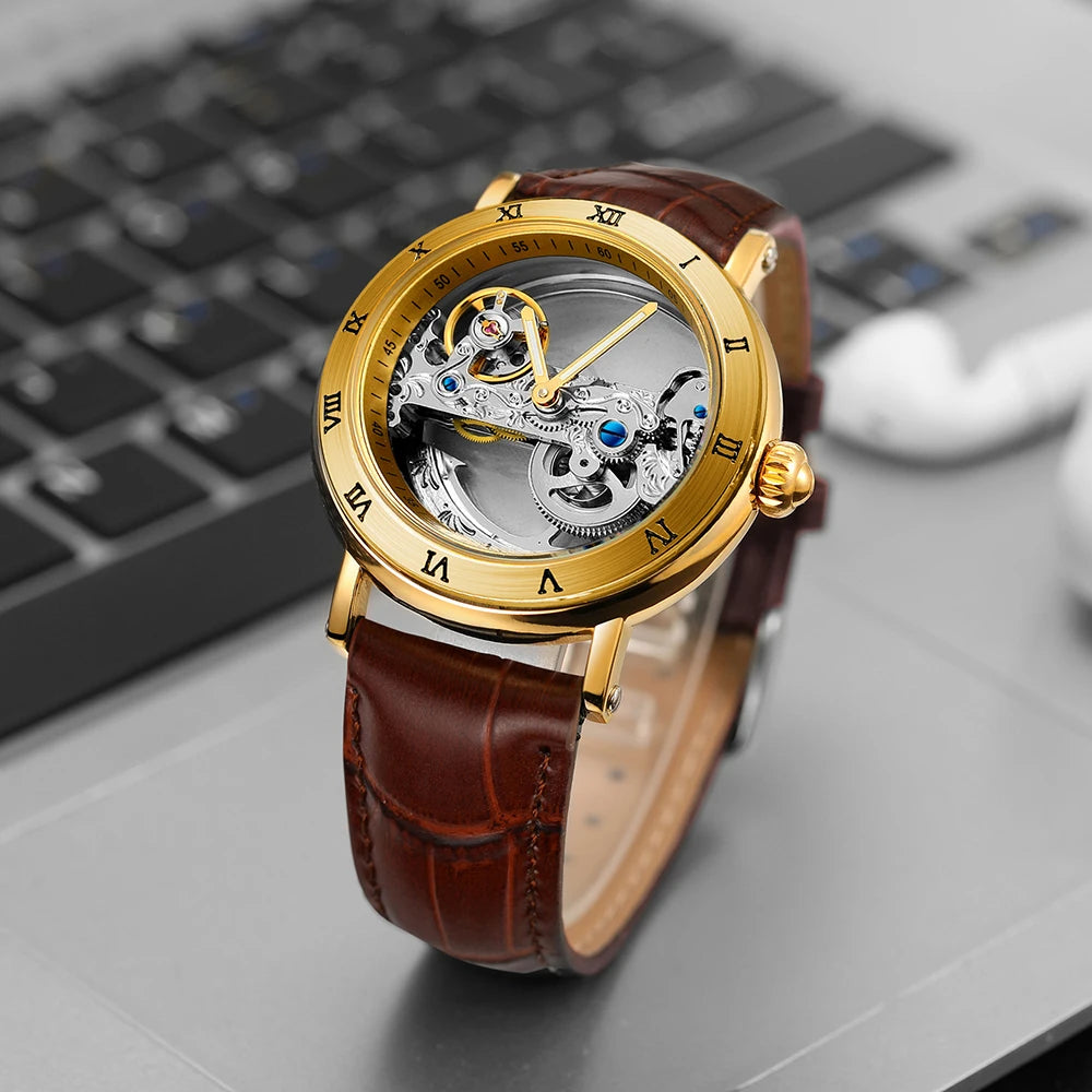 Forsining Silver Skeleton Automatic Watch Men Luminous Hands Business Retro Golden Bridge Mechanical Watches Steel Leather Strap - Sun Studio