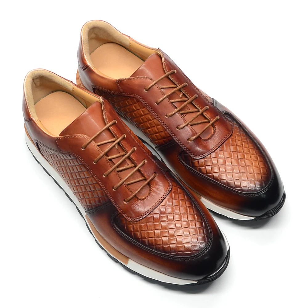 4 Colors Genuine Leather Man Luxury Sneakers Plaid Weave Pattern Lace-up Men Casual White Oxford Shoes Deals Spring Autumn 2024