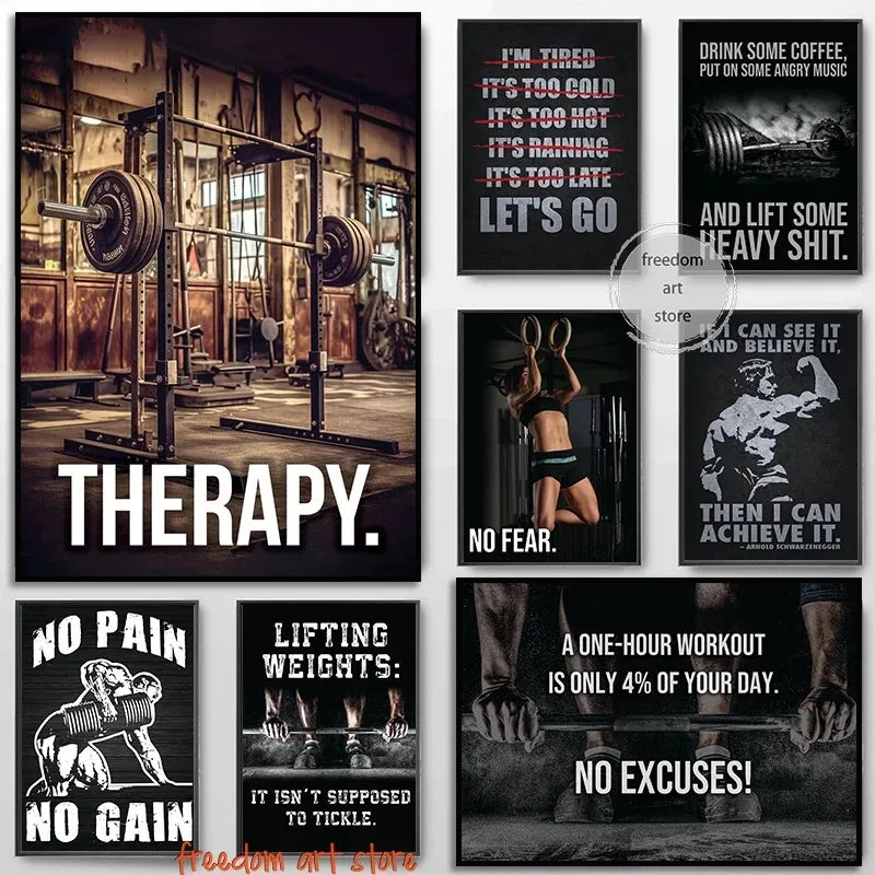 Gym Motivation Muscle Man Bodybuilding Fitness Strength Barbell Art Poster Canvas Painting Wall Print Picture for Home Gym Decor - Sun Studio