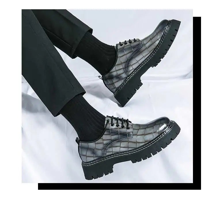 New Black Men Shoes Lace-up  Round Toe Stone Pattern Brown Gray Men Dress Shoes Size 38-46 - Sun Studio