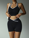 Gym Exercise Set For Women 2pcs Set Yoga Suit Black And White Patchwork Fashionable Halter Top High-Waisted Breathable Shorts - Sun Studio