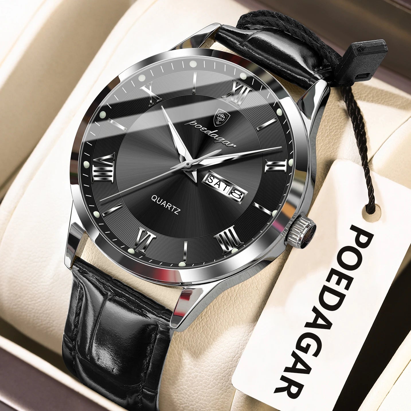 POEDAGAR Classic Luxury Men's Wristwatch Date Week Leather Business Man Watch Waterproof Luminous Fashion Quartz Watches For Men - Sun Studio