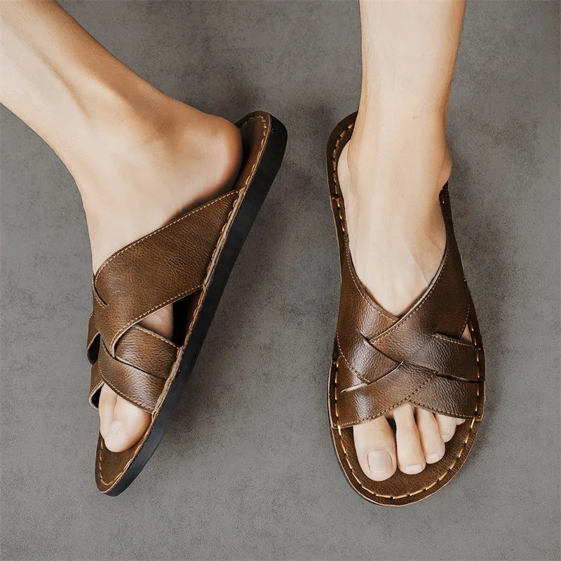 Handmade Leather Slippers for Men 2025 New Beach Summer Walking Shoes Slip on Light Male Flats Men Flip-flops Outdoor Half Drag - Sun Studio