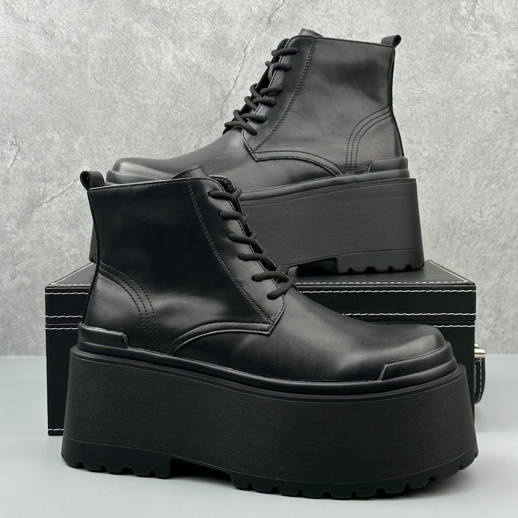 Men's Motorcycle Boots Platform Leather Luxury Height Increase 8cm Sneakers Lace Up Autumn Black Designer Shoes - Sun Studio