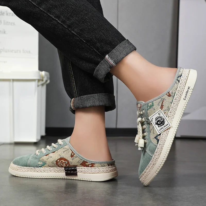 Summer New Canvas Men's Casual Shoes Men Half Slippers Breathable Walking Sneakers Comfortable Non-slip Male Flats Lazy Shoes - Sun Studio