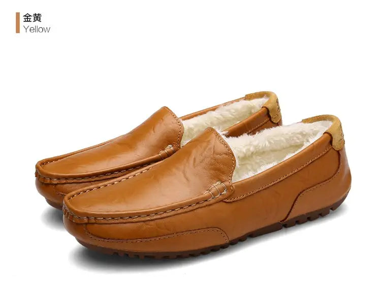Winter Fur Loafers Men Casual Shoes Cotton Leather Dress Shoes Slip-on Flats Plush Man Moccasins Fleece Lined Driving Shoes