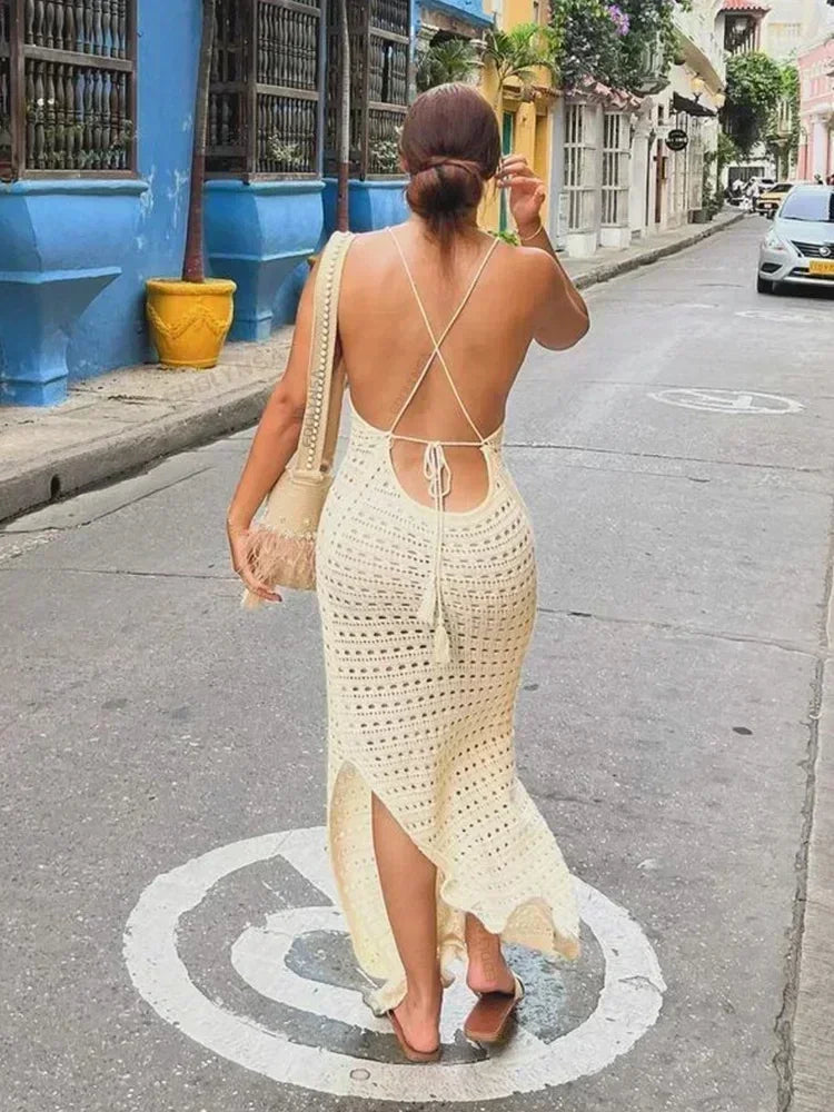 Sexy Knit Cut Out Tassel Spaghetti Strap Bodycon Beach Maxi Dress Summer Women's Holiday Club Party Outfit Swimsuit Cover Up K10 - Sun Studio