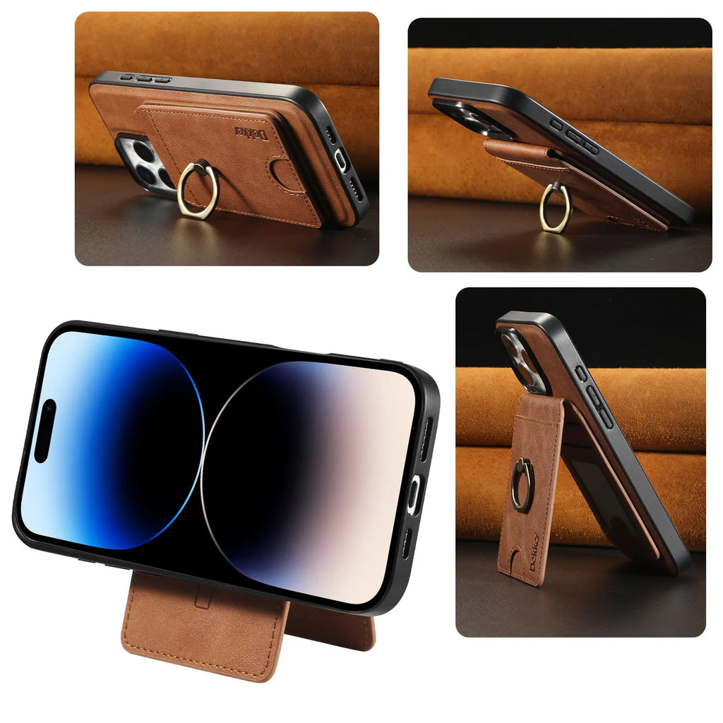 2 in 1 Detachable Vertical Cards Solt Ring Holder Wallet Leather Case For iPhone 16 Pro Max 15 Plus 14 13 12 Magnetic Bag Cover - Sun Studio