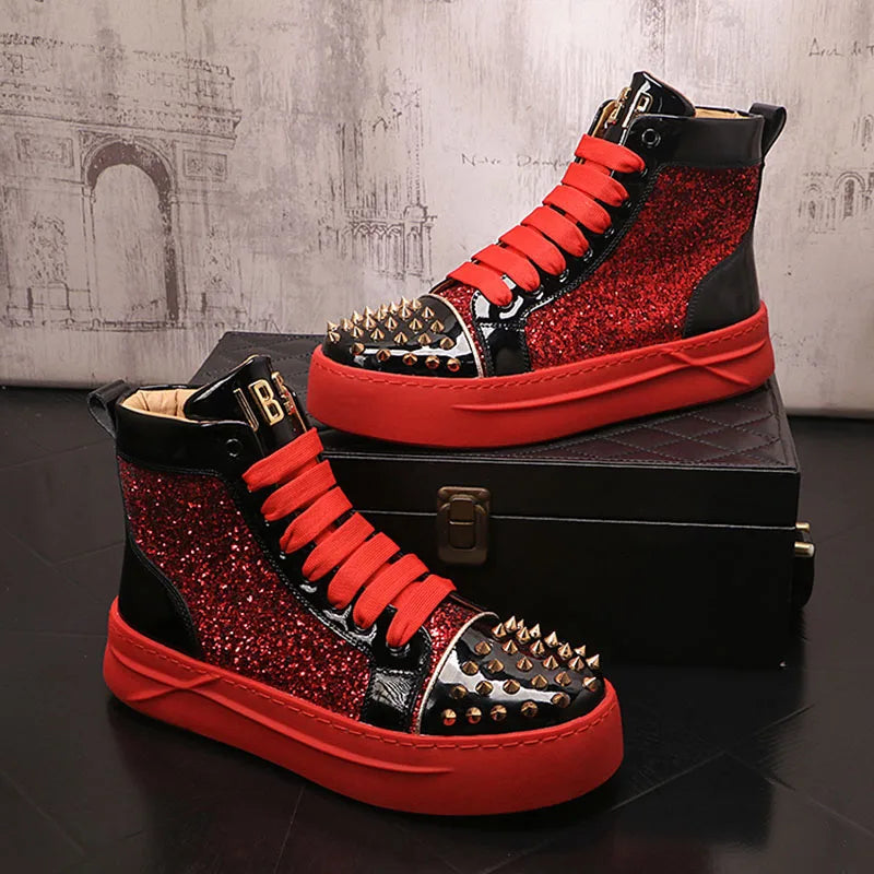 Winter High Tops For Men Rivet Sequin Everyday All Match Patent Leather Casual Shoes Male Flats Loafers Sports Walking Sneakers - Sun Studio