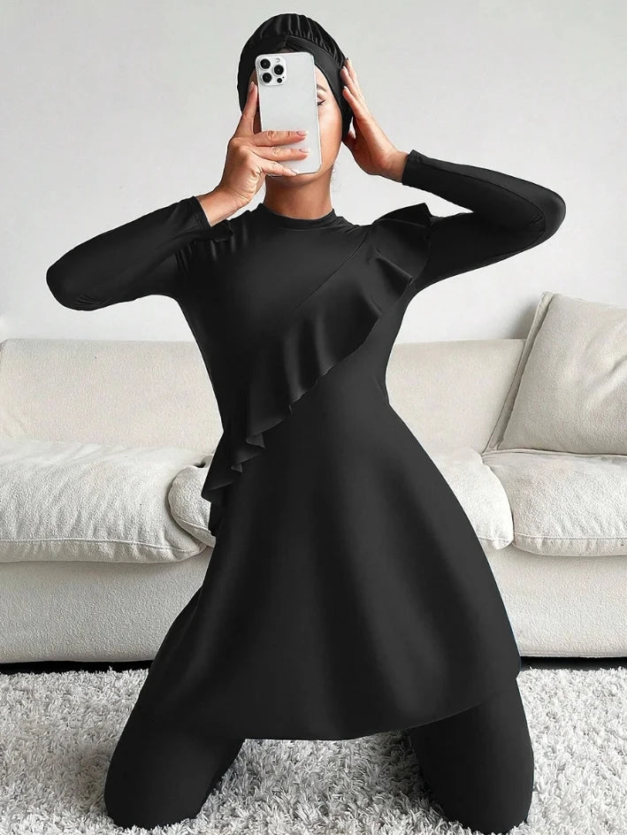 3PCS/Set Muslim Burkini Femmes Swimwear Long Islamic Swimwear Modest Swimsuit Women Swimsuit Ruffle Edge Design - Sun Studio