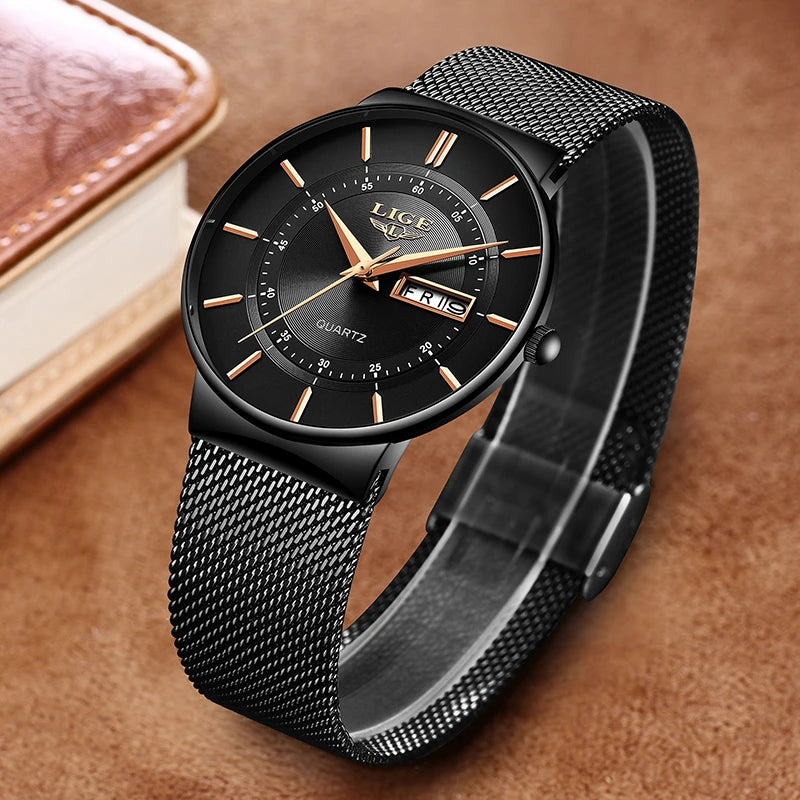 LIGE 2024 Montres de luxe pour hommes Étanche Ultra Mince Date Horloge Homme Bracelet en acier Montre à quartz décontractée Hommes Montre de sport Homme