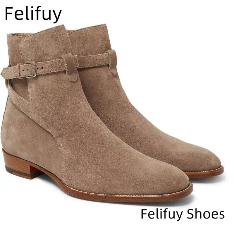 Black Pointed Toe Buckle Strap Ankle Boots Grey Men Hombre Genuine Leather Men Motorcycle Boots For Men Work High Top Men Shoes - Sun Studio