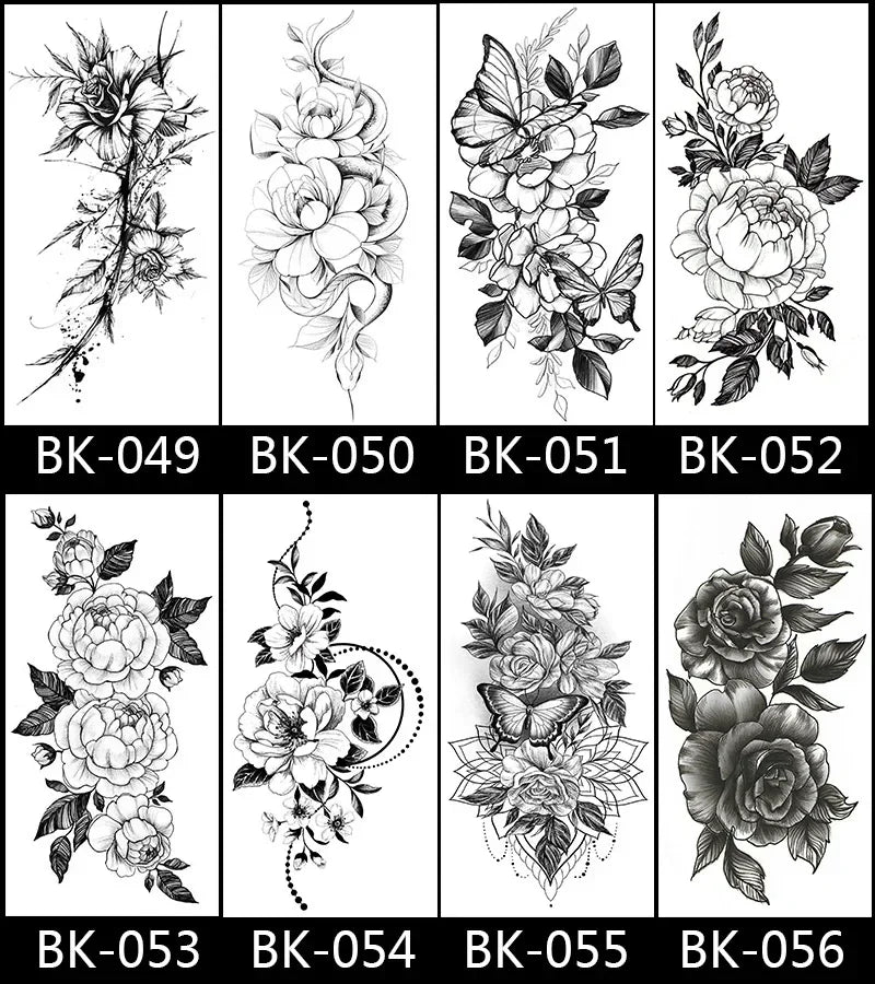 Rose Blossom Tattoo Temporary Waterproof Butterfly Fake Tattoo for Woman Black Flower Sketch Tattoo Sticker - Sun Studio