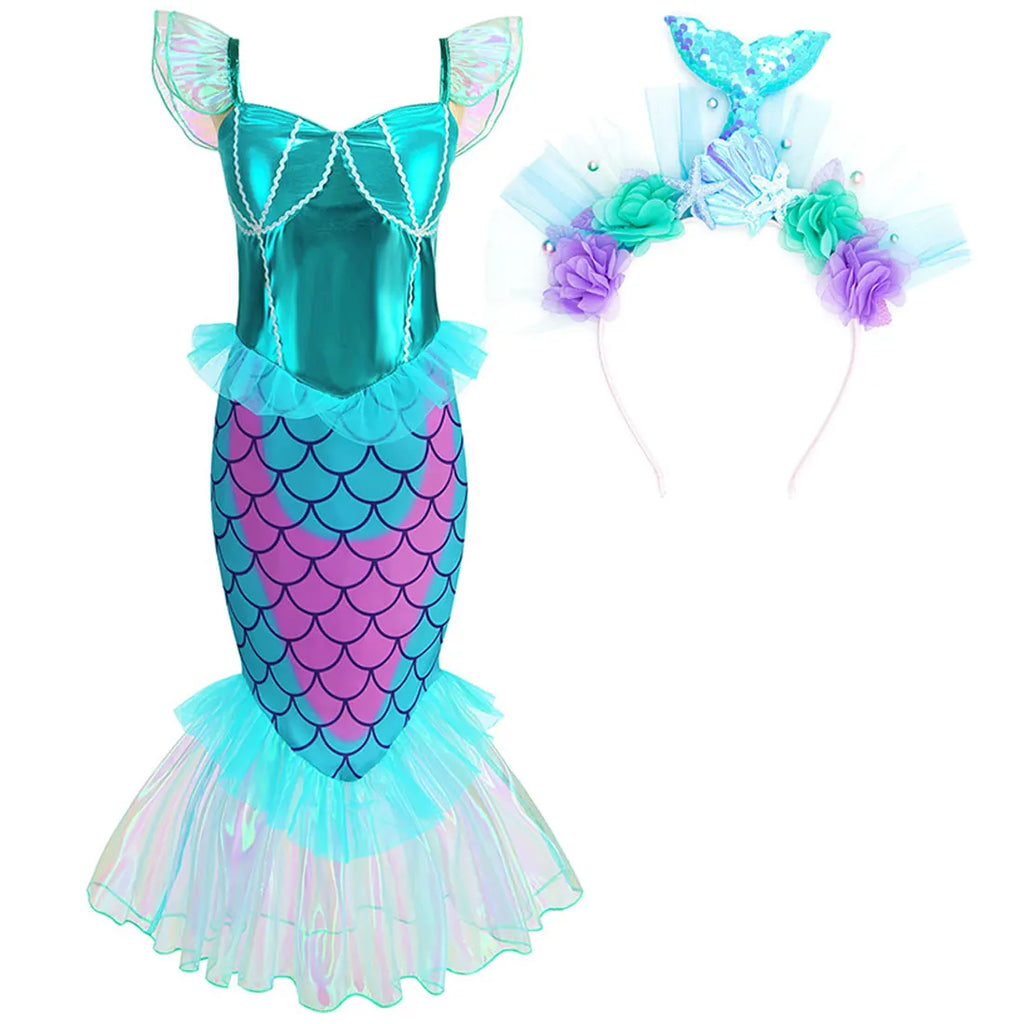 Disney Blue Red Purple Three Colors Mermaid Flying Sleeve Fishtail Beautiful Dress For Girl Summer Beach Party Cool Swimsuit Set - Sun Studio