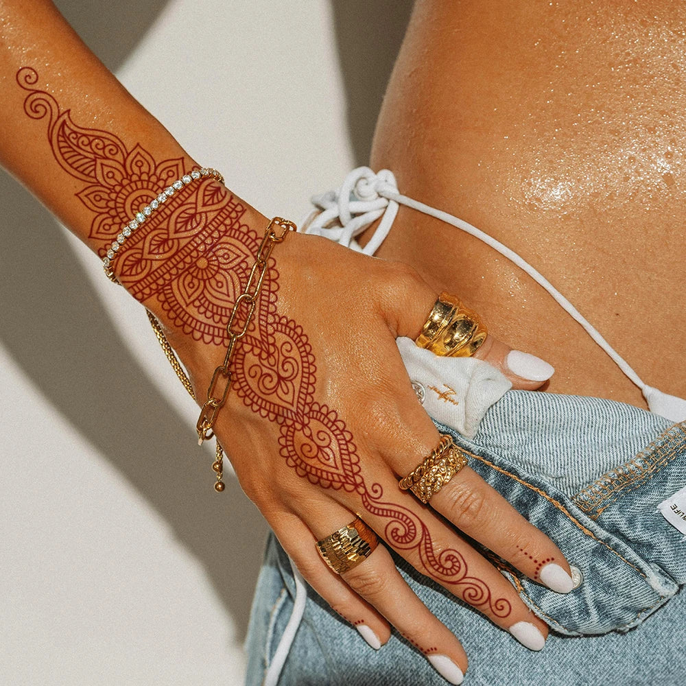6 Sheets India Mehndi Design Brown Red Maroon Tattoo Stickers, Water Transfer Fake Henna Tattoos For Women Full Hand Tattoos - Sun Studio