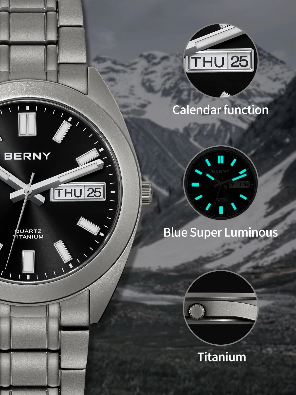 BERNY Titanium Watch for Men Supper Light Weight Wristwatch Super Luminous Sapphire 10ATM Waterproof Sport Field Quartz Watches - Sun Studio