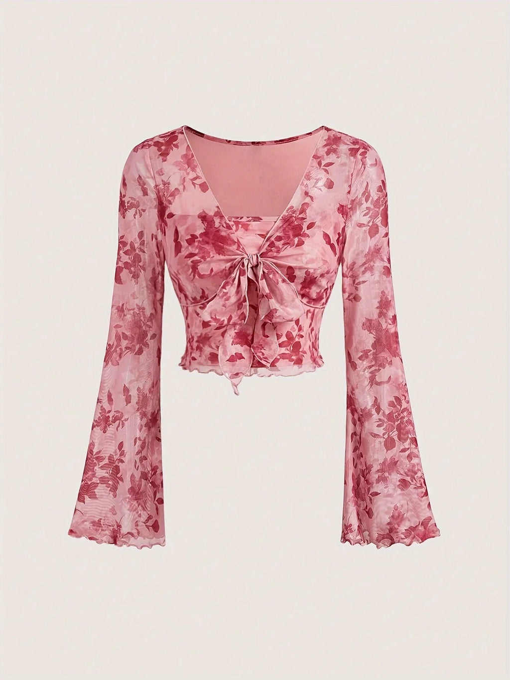 Women's T-Shirt Floral Printed Sweet V-Neck Mesh Summer Vacation Swimsuit Top Flare Long Sleeve Bow Tie Lace Up Woman Clothing - Sun Studio