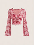 Women's T-Shirt Floral Printed Sweet V-Neck Mesh Summer Vacation Swimsuit Top Flare Long Sleeve Bow Tie Lace Up Woman Clothing - Sun Studio