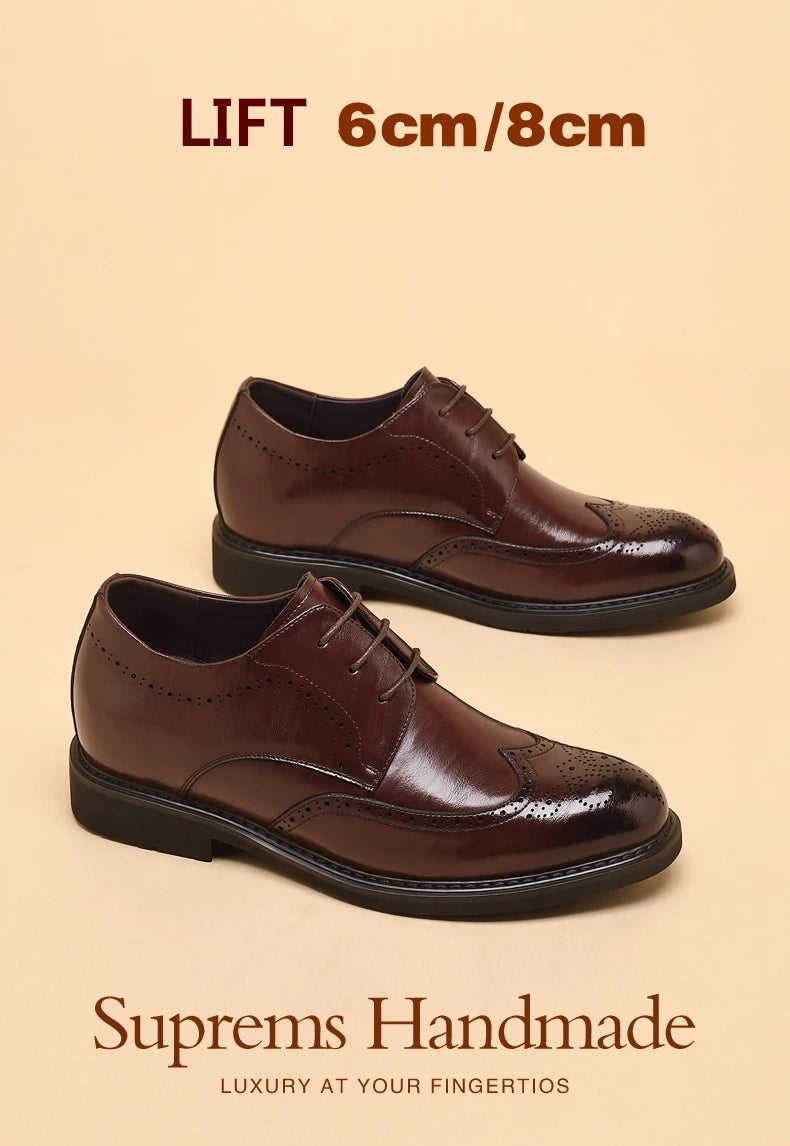 Men's Dress Brogues Elevator Shoes Platform Breathable Casual Business Luxury Genuine Leather Heightening Shoes 6 8CM Taller Man - Sun Studio