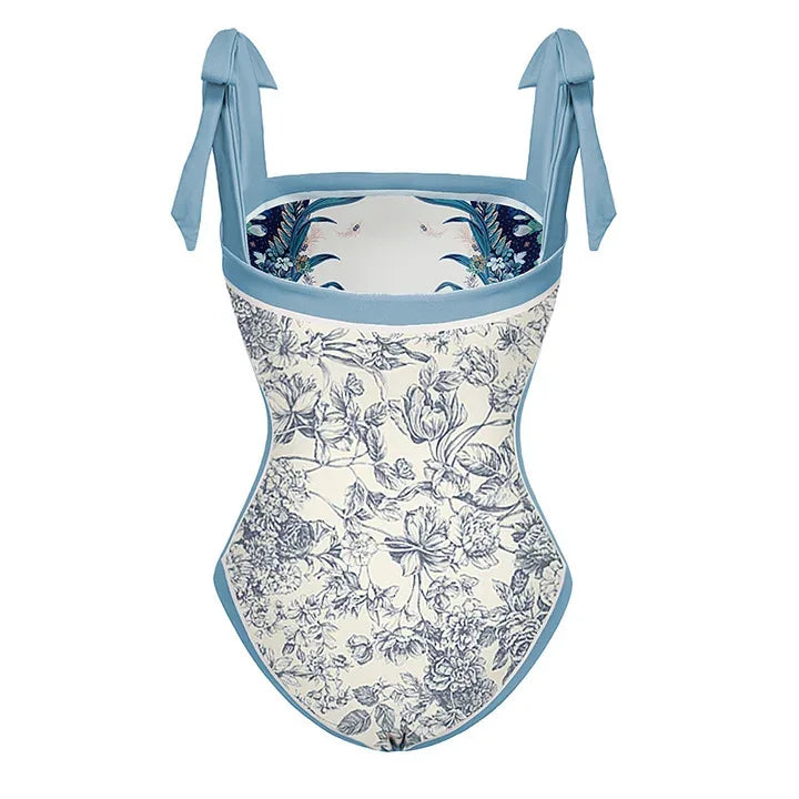 Sexy Women Cover Up Swimwear Vintage One Piece Bow Swimsuit Beach Wear Swimming Suit Double-sided Printing Reversible Design - Sun Studio