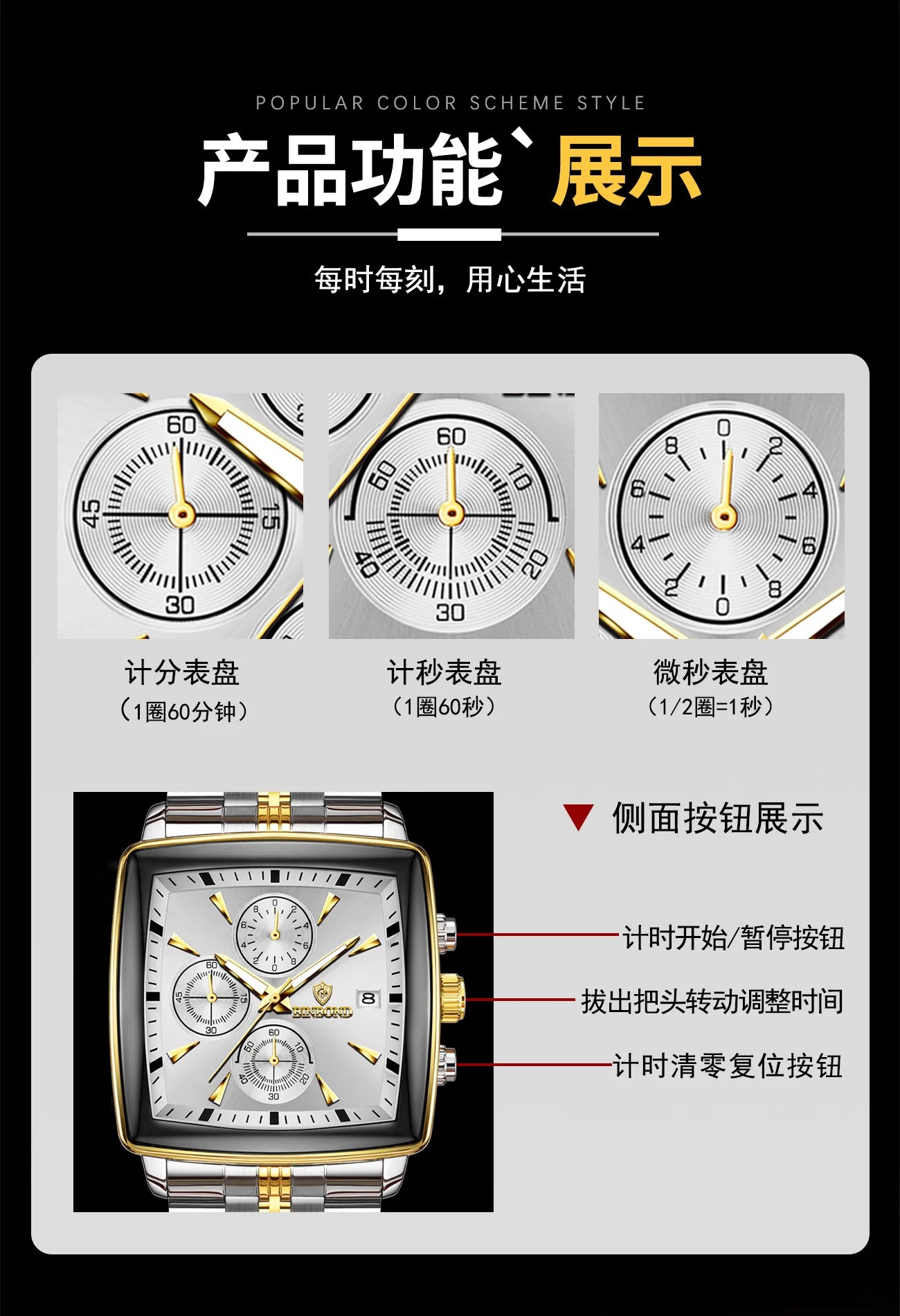 Square Men Chronograph Multifunction Watches Date For Male Clock Quartz Stainless Steel Band Wrist Watches Men Trendy Fashion - Sun Studio