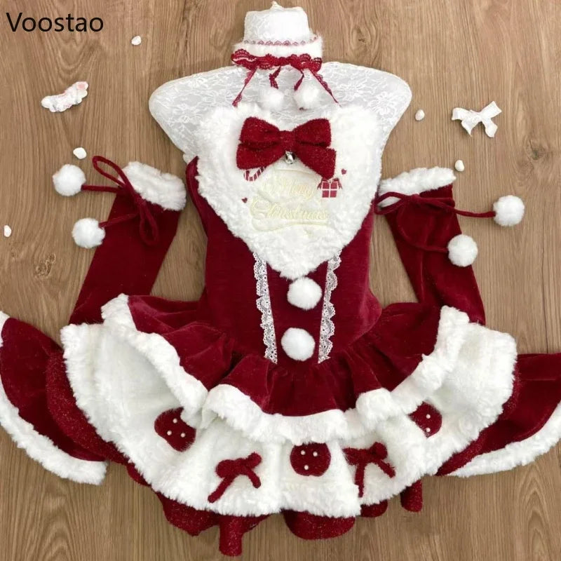 Autumn Winter Christmas Lolita Style 3 Piece Set Women Sweet Plush Bunny Ear Hooded Cloak Coat Bow Mini Dresses Y2k Cosplay Suit - Sun Studio