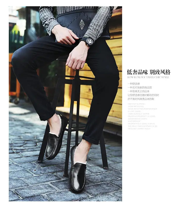 Winter Fur Loafers Men Casual Shoes Cotton Leather Dress Shoes Slip-on Flats Plush Man Moccasins Fleece Lined Driving Shoes - Sun Studio