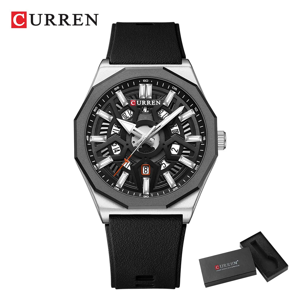 CURREN Fashion Creative Design Watches Men Quartz Silicone Strap Date Wristwatches for Male Clock with Luminous Hands