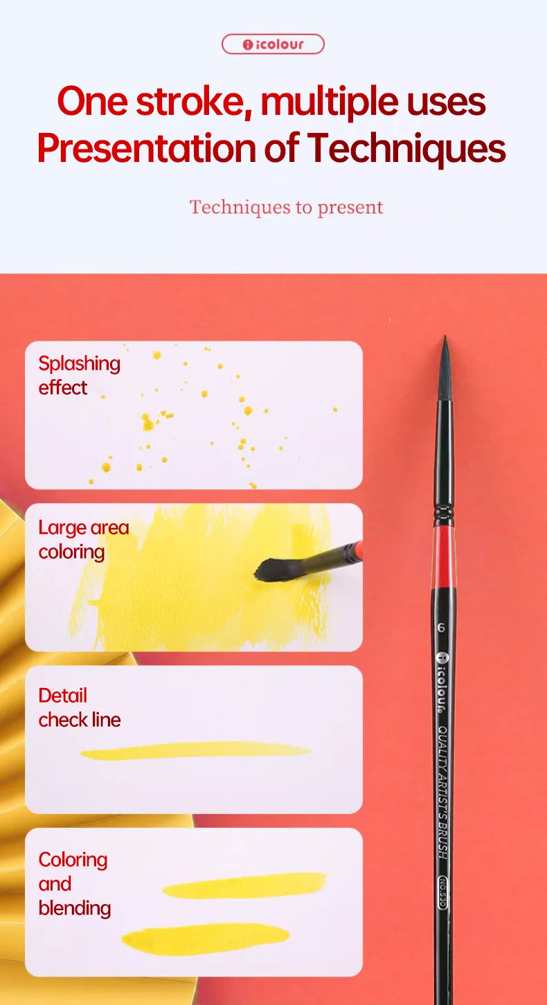 IColour Professional Squirrel Hair Painting Brush Set Black Handle Round Brush Watercolor Acrylic Gouache Oil Painting Brushes - Sun Studio