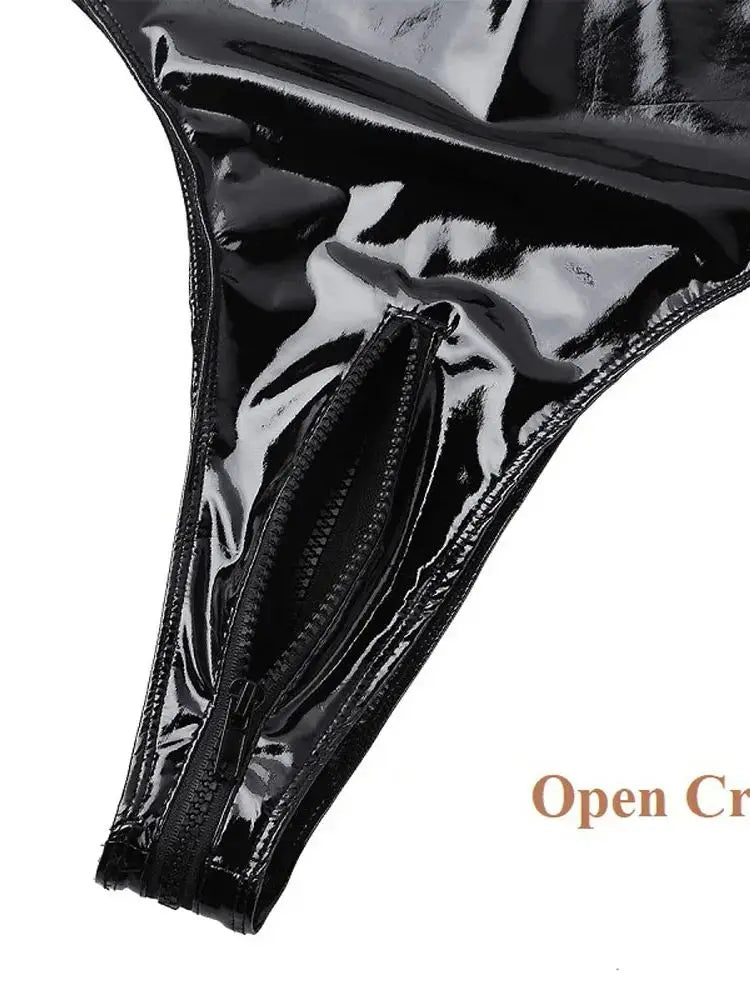 S-4XL Halter Backless Swimsuit Faux Shiny PU Leather Zipper Open Crotch Bodysuit Wet Look PVC Catsuit Tights Sexy Body Teddies - Sun Studio
