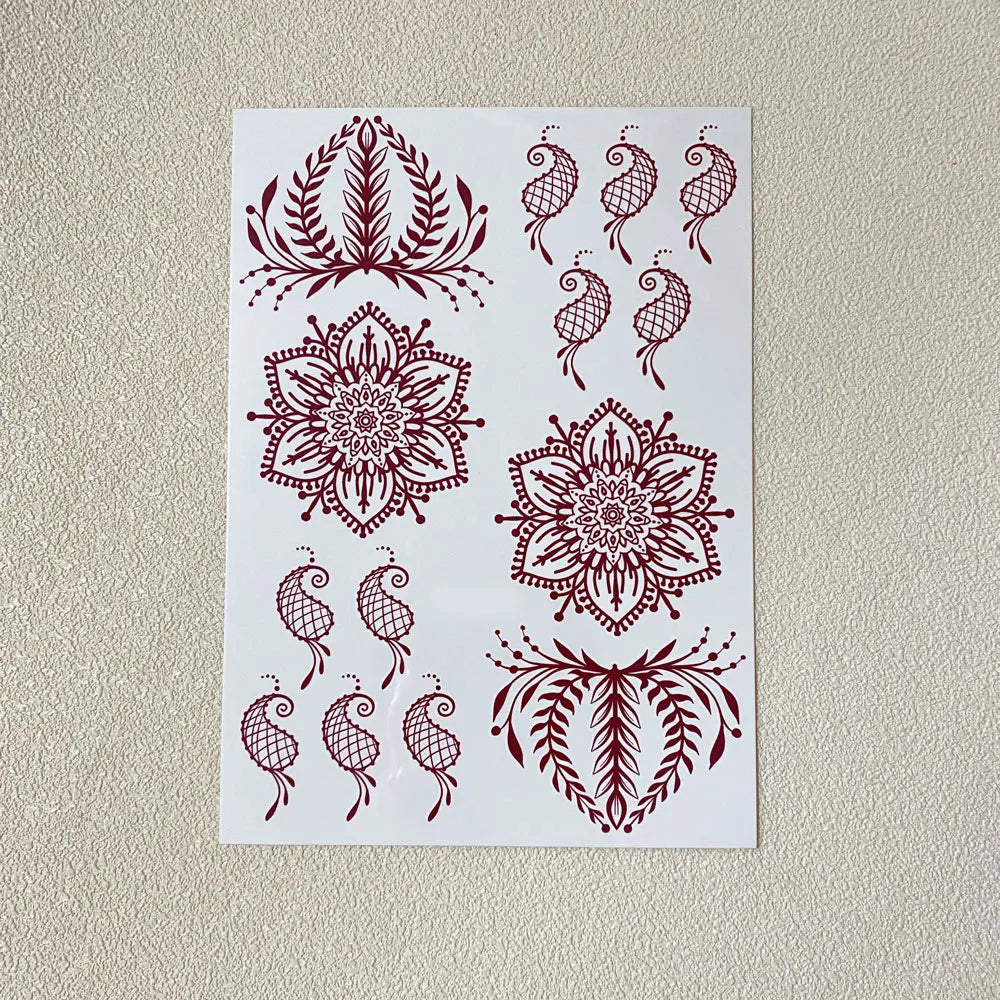 Wasserdichtes Blumen Hand Tattoo für Frauen Maroon Henna Tattoo Aufkleber für Hand Finger Körperkunst Einweg Fake Tattoo Festival