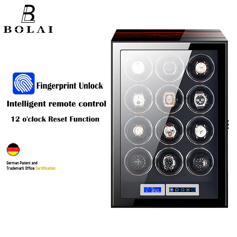 Luxury Automatic Watch Winder12 24 30 Slot Wood Mechanical Watch Box Fingerprint Unlock Quiet Mabuchi Motor Watches Storage Safe - Sun Studio
