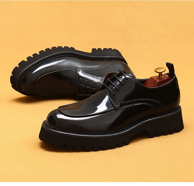 designer men's leather shoes with thick soles round toe glossy leather business dress shoes Waxed cowhide lace up British shoes - Sun Studio