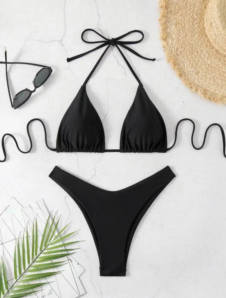 New Halter Bikini Women Solid Color Two-Piece Set Sexy Split Swimsuit Yellow Red Black Coffee White Pink Lace Up Bathing Suit - Sun Studio