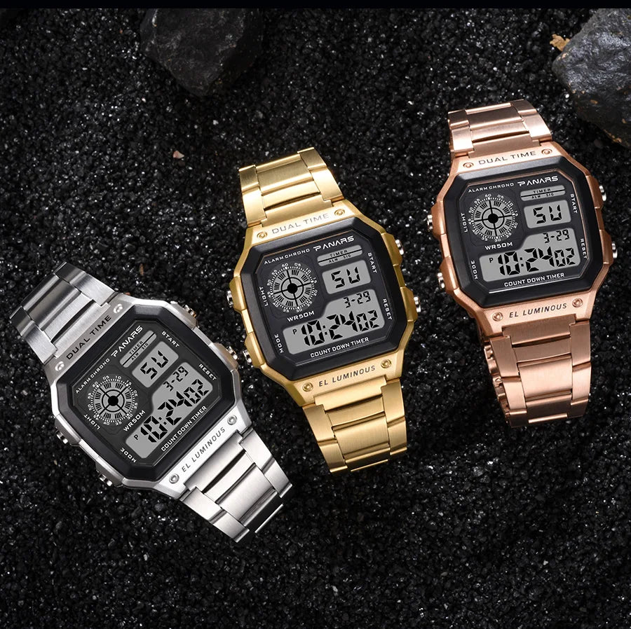 PANARS Top Luxury Stainless Steel Strap Sport Watches Mens Waterproof Back Light Digital Wristwatch Male Alarm - Sun Studio