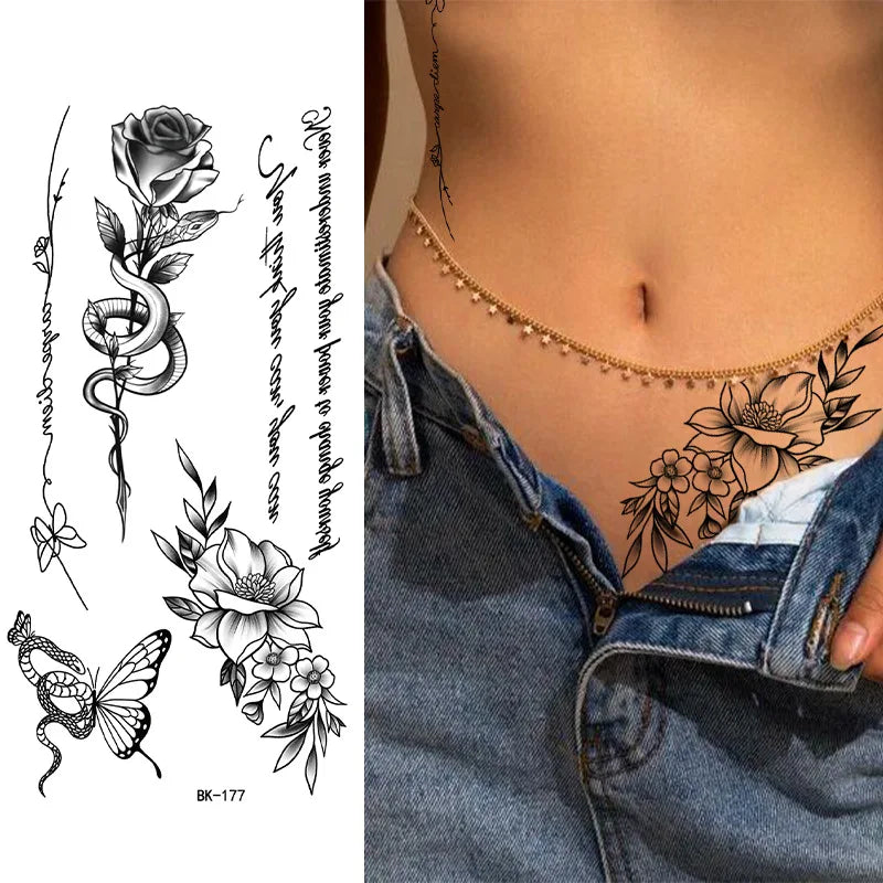 Black White Temporary Transfer Tattoos Floral Butterfly Lettering Line Art Waterproof Body Stickers for Music Festival Party