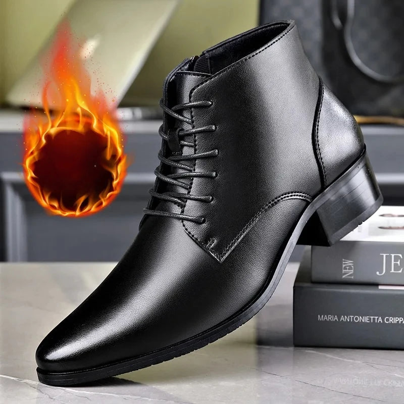 Men's Boots Fashion High-top Casual Boot Pointed Tip Business Leather Boots for Men Plush Warm Winter Boots Lace Up Ankle Botas - Sun Studio