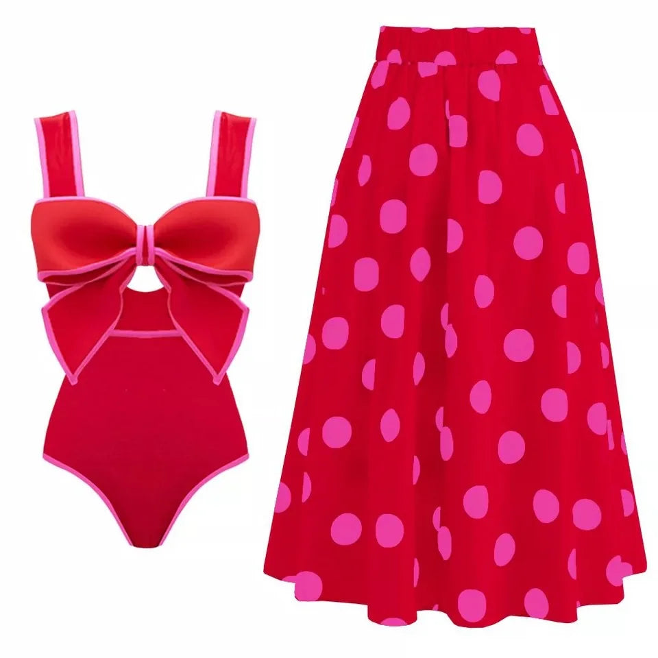 2024 Sexy Women's Swimsuit with Skirt One-Piece Swimwear Vintage Ruffle V Neck Cover Up Bikinis Set Beachwear Bathing Suit - Sun Studio