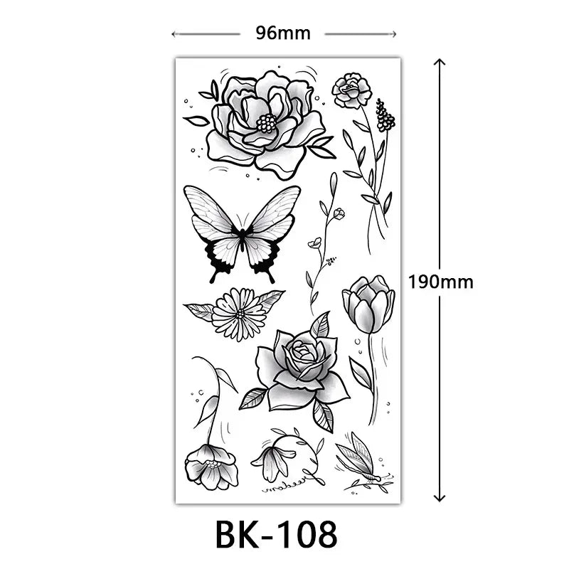 Rosenblüten-Tattoo Temporäres wasserdichtes Schmetterlings-Fake-Tattoo für Frauen Schwarzes Blumen-Skizzen-Tattoo-Aufkleber