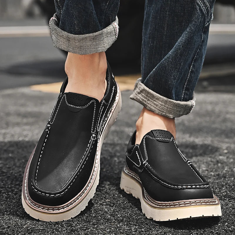 Trendy New Style Men's Genuine Leather Shoes Thick Soled Tooling Shoes Men's Oxford Shoes Lace Up Business Shoes Outdoor Loafers - Sun Studio