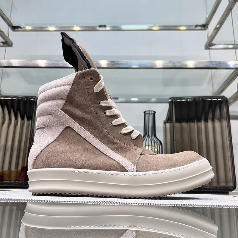 Ro Shoes Men Leather 2025 New Earthy Grey Cow Suede Lace Up Zipper Thick Sole Luxury Geo Women Street Hip-hop Casual Flat Boots - Sun Studio