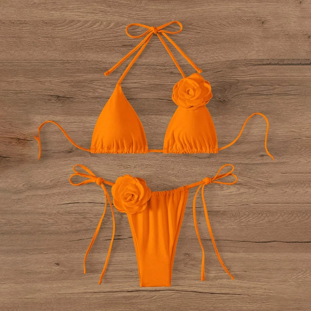 Sexy Bikini Swimsuit Suit 3D Flowers Halter Strappy Bikini Women Swimwear Female Swimsuit 2pcs Bikini Set Bather Bathing Suit - Sun Studio