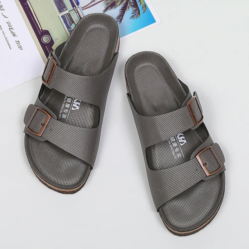 Summer Men Cork Slippers Slides Clogs Casual Slip On Sandals Double Buckle Women Microfiber Leather Unisex Big Size 47 48 49 - Sun Studio